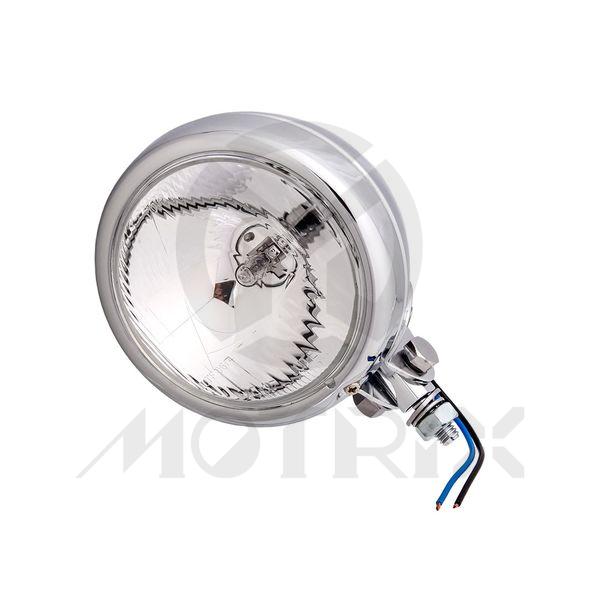 4 1/2’’ headlight. ECE & DOT approved. ECE: High beam / DOT: Auxiliary lamp. Bulb: H3 12V 55W , chrome bottom mount