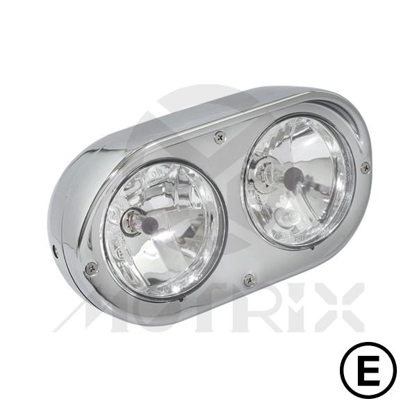 Headlight 4'' bottom mount with visor H4 12V 60/55W bulb, H7 12V 55W bulb, diamond lens chrome, with E-mark