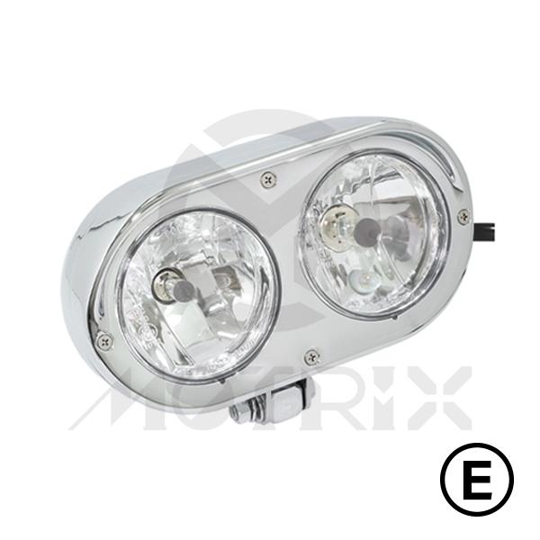 Headlight 4'' side mount with visor H4 12V 60/55W bulb and H7 12V 55W bulb, diamond lens chrome, with E-mark