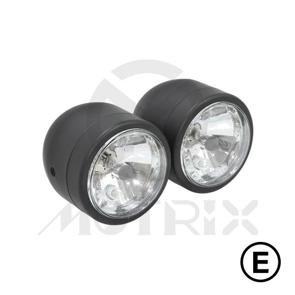 Twin headlight, black, 4'' side mount with two H4 12V 60/55W bulb, diamond lens, with E-mark