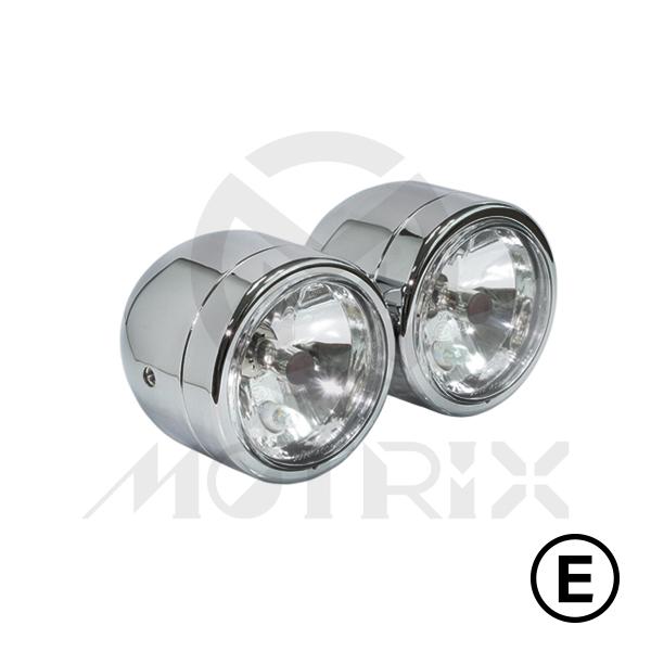Twin headlight, chrome, 4'' side mount with two H4 12V 60/55W bulb, diamond lens, with E-mark