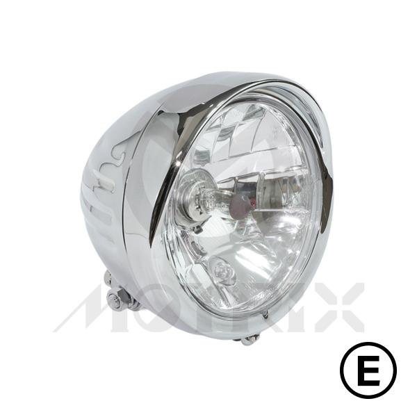 Headlight 5 1/2'' bottom mount with visor housing side and stripe, bulb: H4 12V 60/55W bulb T10 12V 5W, with E-mark