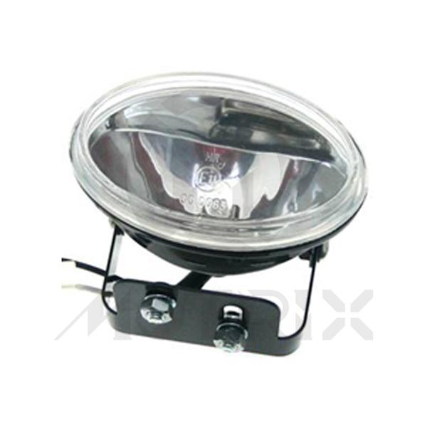 Big oval headlight assy, high beam + bracket. CE H3 12V 55W. L: 103MM/W: 67MM/H:72MM. Black base + clear lens