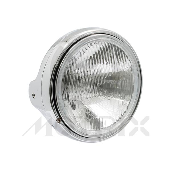 Headlight, chrome, 7 1/2'' side mount, H4 12V 60/55W (H+L) T10 12V 5W (P), with E-mark