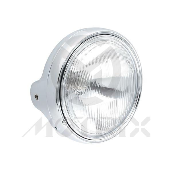 Headlight, chrome, 7 1/2'' side mount, H4 12V 60/55W (H+L) T10 12V 5W (P), DOT approved