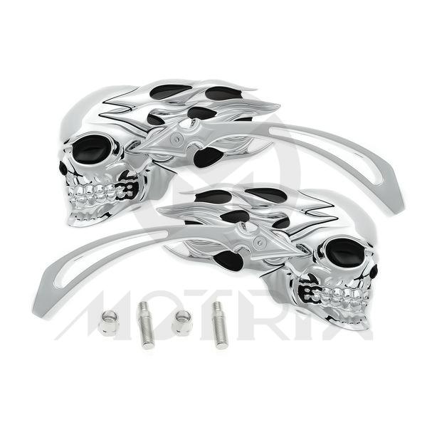 (Pair) Mirror for universal, flame skull style, chrome