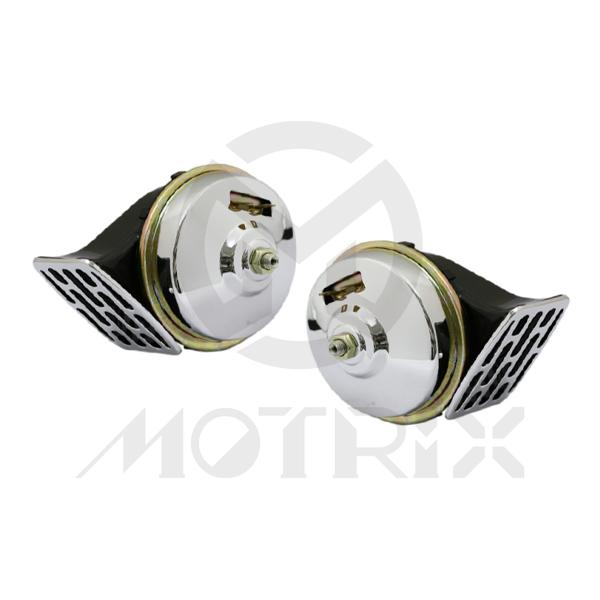 Horn, 12V 8A 110dB ± 5dB.Chromed steel cover .Cover diameter 90 mm.Contains high and low tone