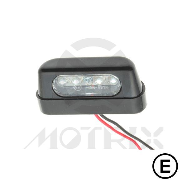 Universal 12V 0.2W LED license light with E-mark. Clear lens/black plastic base
