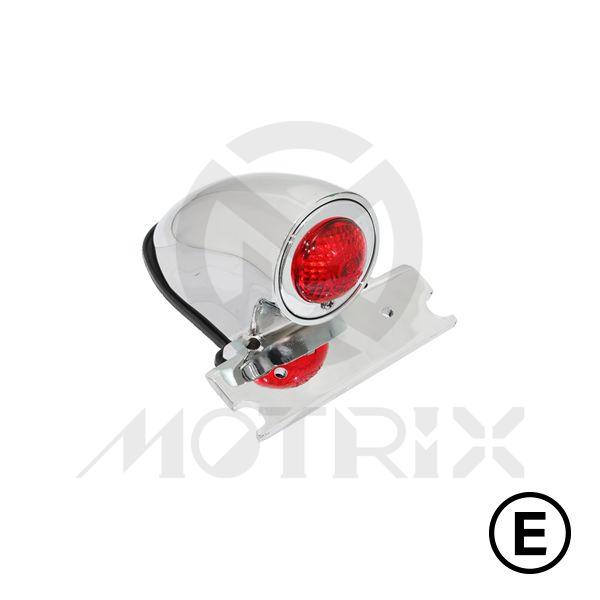 Universal taillight(LED), red lens, chrome base with bracket, with E-mark
