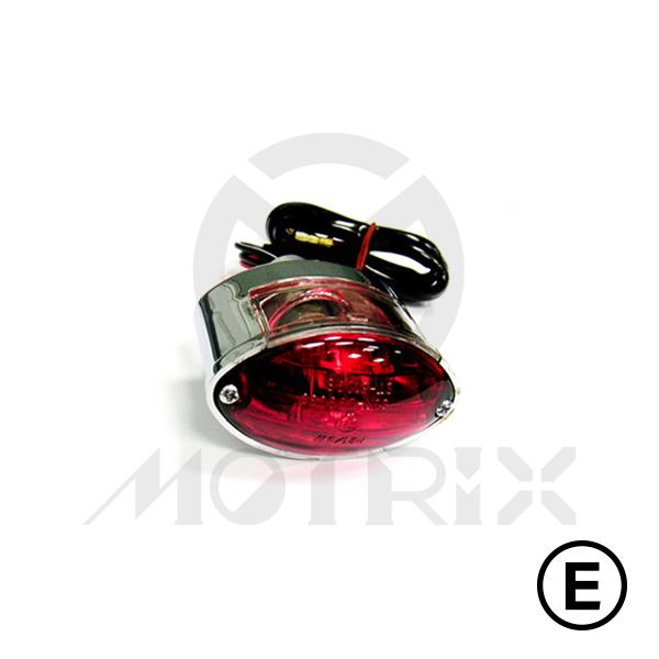 Universal small cats eye taillight, red lens, chrome base