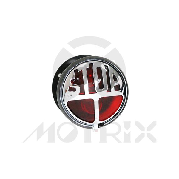 Universal bulb tail light, red lens, black housing, chrome stop emblem
