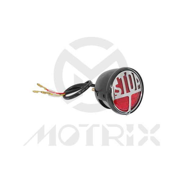 Universal tail light(LED), red lens, black housing, chrome stop emblem