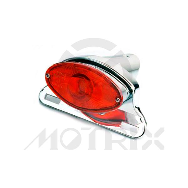Universal large cat eye tail light, red lens, chrome base