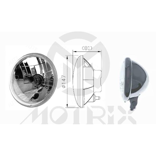 5 3/4" Headlight ECE approval. high/low beam & front position. bulb H4 12V 60/55w (H/L beam). T10 12V 5W (P). Bottom mount clear lens, chrome
