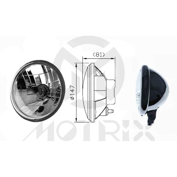 5 3/4" Headlight ECE approval. H/L beam & front position. Bulb H4 12V 60/55W (H/L beam). T10 12V 5W (P), bottom mount. Clear lens, glossy black.