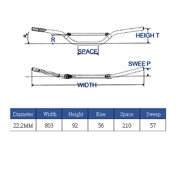 Motorcycle handlebar 22.2mm AL6061 W: 803, H: 92, R: 56, SPACE: 210, SWEEP: 57