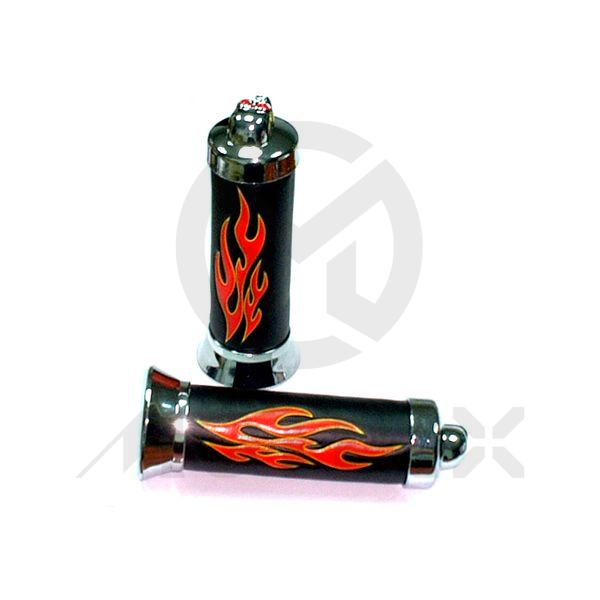 Leather grips with skull bar end & flame mark. L: 135mm fits (7/8'', 1'')