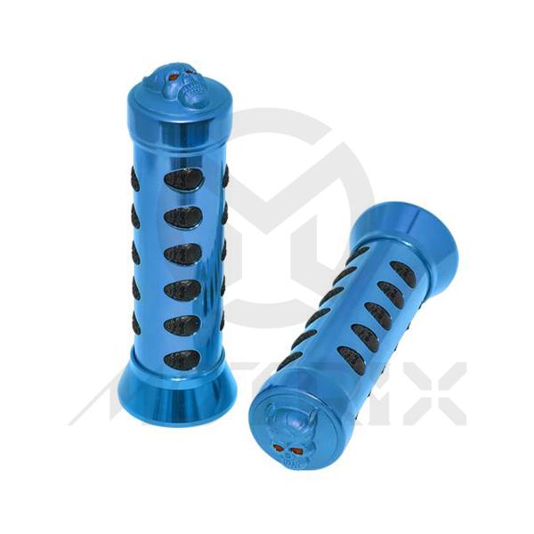 Plastic grips with alloy red eyes skull end & rubber skull dots, blue