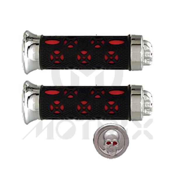 Rubber grips with red kraton and skull chrome end. L:135mm fits (7/8'', 1'')