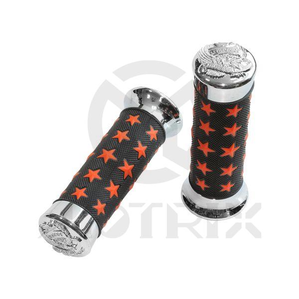 Rubber grips with star mark and chrome end. Fits (7/8'', 1'')