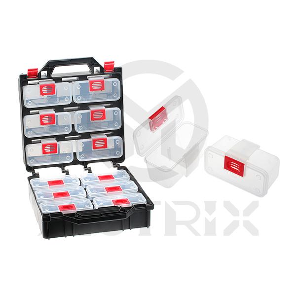 [84-00036] (12Pc)all purpose carry case - clear see through design to indentify contents at a glance. - Optional divider for more storage options. - Each compartment comes with belt clip for easy carrying. - Tough composite plastic compartment with selective configu