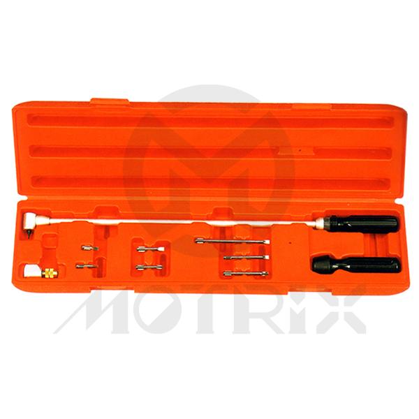 [84-06404] (Brass+flat) carb tool kit with box comes with interchangeable heads, one fixed & one to suit the included various phillips & flat head style bits.
