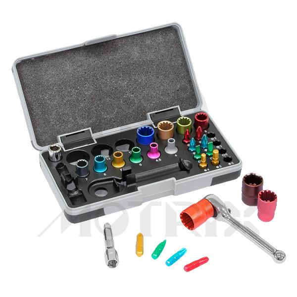 [84-09412] 28Pcs color bit ratchet & socket sets , size:12-1/4”x25mml bitd, 3-slot:4-5-6(green), 3-ph:1-2-3 (red), 3-pz:1-2-3 (light blue), 3-hex: 4-5-6mm (gold) material:s2-chamfer 13-teeth socket 4mm-silver,4.5Mm-purple, 5mm-green, 5.5Mm-gold, 6mm-light blue, 7mm-