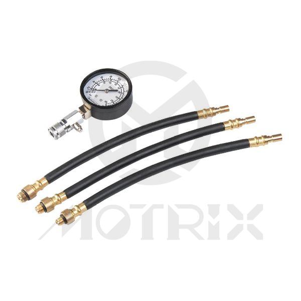 [84-10024A] 3-in-1 Compression tester Suitable for 10/12/14mm spark plug threads. Can be used on all petrol engines. Readings in BAR and PSI. Measures pressures of up to 20 BAR(300PSI). Includes 3 rubber hoses with brass adaptors for 10/12/14mm. Spark plug threads, p