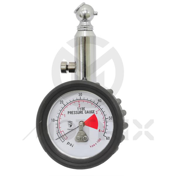 [84-14304] Deluxe tire pressure gauge, dial dia.:2Inch pressure range: 0~60psi (0~4bar), housing: black-painted steel, ring: chrome-painted steel, lens:acrylic, stem with release button & 45 degree chuck , rubber protector
