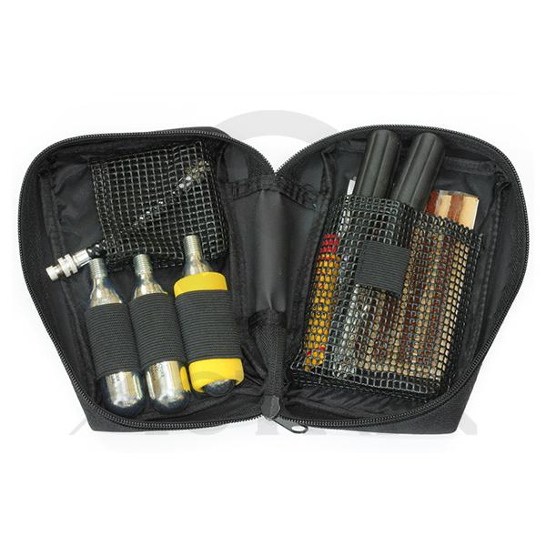 [84-19505] Co2 tire repair kit (tool bag) , 4 inch tire*5pc,t28*1pc,t29*1pc,co2 cartridge 16g*3pc,regulator*1pc,insolator*1pc, knife*1pc,glue 10cc*1pc,e/a adaptor*1pc,instruction* 1pc