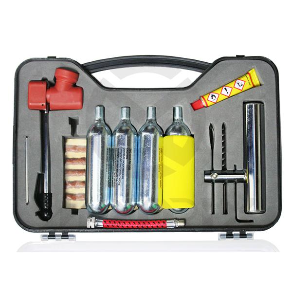 [84-20001] Tyre repair kit 4” Tyre seal 5pc, co2-25g 4pc, 1pc of T60, glue 8ml, knife, regulator extension tube, Tyre gauge, t52-25n pack in plastic box