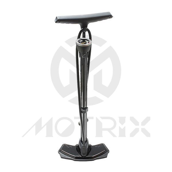 [84-28101] 2.5 inch big gauge high pressure steel floor pump, steel stamping base w/soft pad, 2.5 inch big gauge for reading clearly, twin-valve with thumb-lock lever, fit for PRESTA, SCHRADER and DUNLOP
