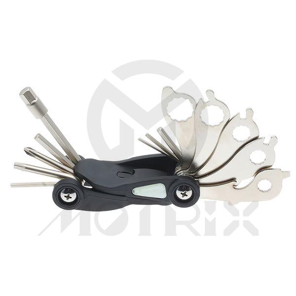[84-28502] Multi tools, 20 functions 2-8mm hex key+/-screwdriver t25 8/9/10/12/15mm box wrench spoke wrench opener tire lever