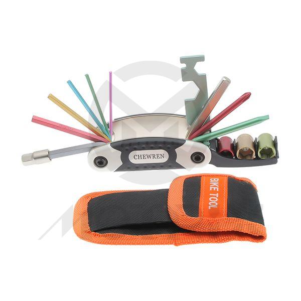 [84-28505] 16 in 1 new folding micro-painting bicycle tool. Size:6-Hex:2-2.5-3-4-5-6mm , 1-Socket Adaptor (6*8mm Hex) , 2-Srcewdriver:⊕2θ5 (φ5) , 3-Socket:8-9-10mm , 3-Open Wrench : 8-10-15 Mm , 1-Spoke Wrench : 14ge , Material: CR-V + Chamfer , Finish: Micro-Paintin