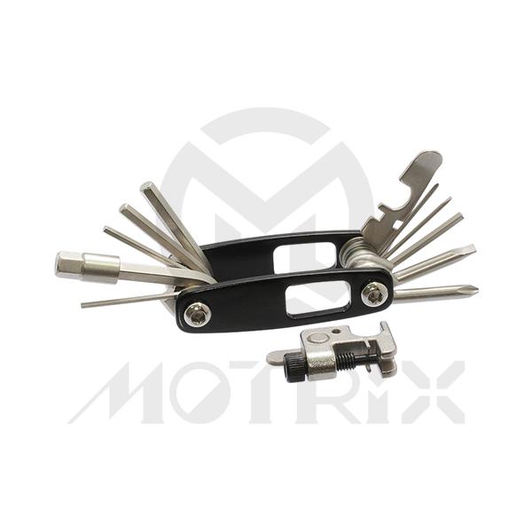[84-28702] Bike tool & chain tool 2/2.5/3/4/5/6/8Mm hex key +/- glass screwdrivers 8/10mm open wrench, tire lever, spoke wrench 17 functions