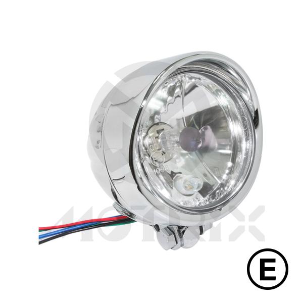 [669-11610E-MVD] Headlight 4'' bottom mount with visor with H4 12V 60/55W bulb, chrome, with E-mark