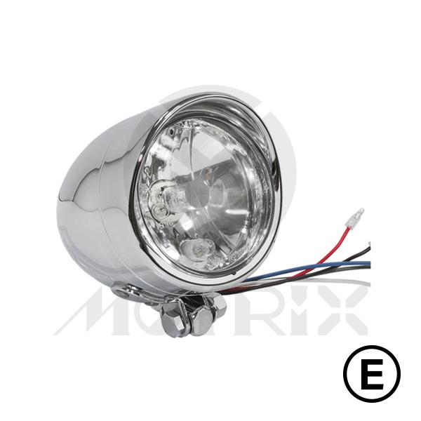 [669-11610E-VD] Headlight 4'' bottom mount with visor with H4 12V 60/55W bulb, chrome, with E-mark