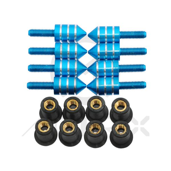 Spiked type windscreen bolt 5 x 15mm, anodized color spiked screw x 8pc+PEwasher x 8pc+rubber nut with copper thread x 8pc, blue