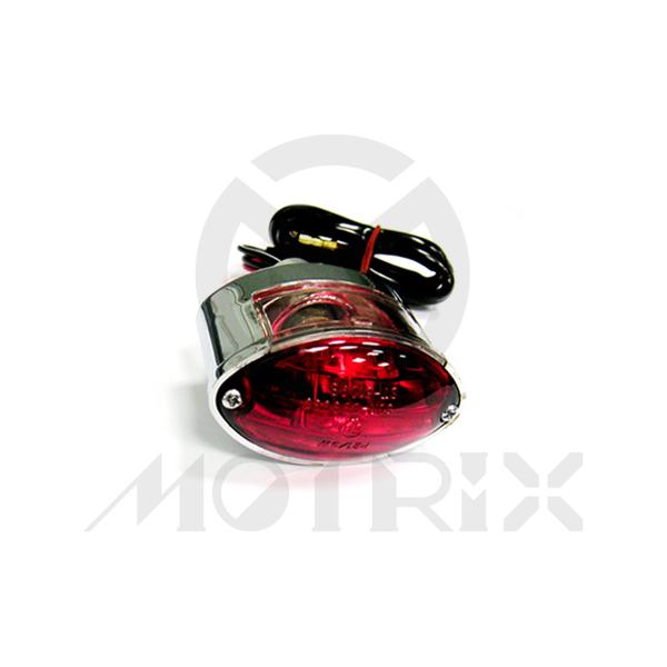 Universal small cats eye taillight, red lens, chrome base
