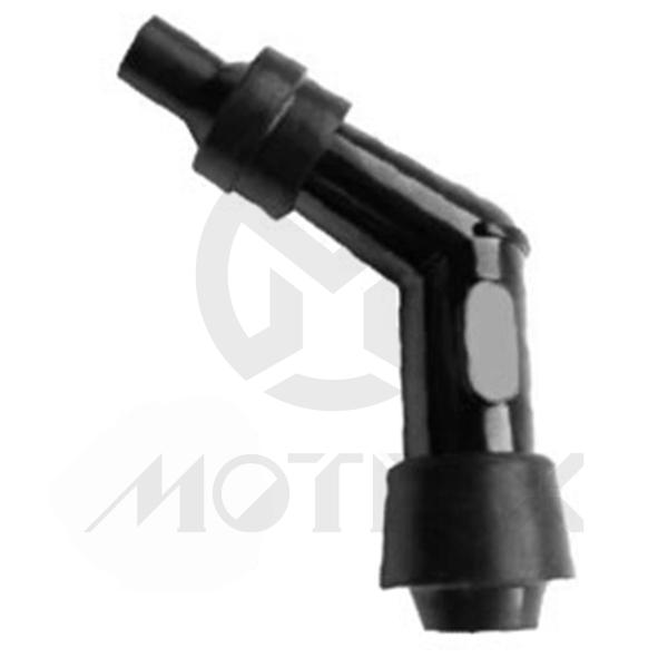 [28-02802] Spark plug resistor covers. External appearance: 102°. Elbow type, resistance: 5KΩ. Adaptable plug terminal: threaded. Accessory: with special water-proof cover. NGK Type: VD05F